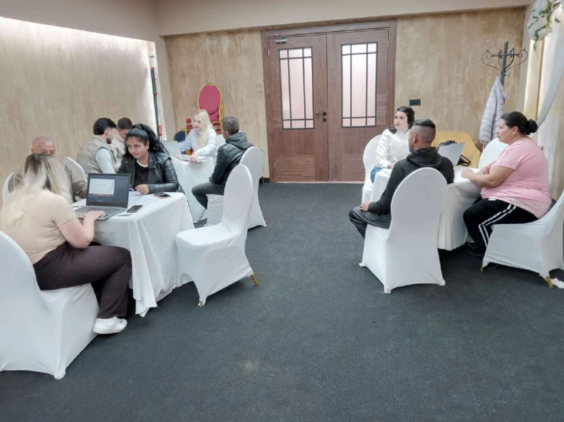 Participants collaborating during a THRIVE digital skills workshop in North Macedonia